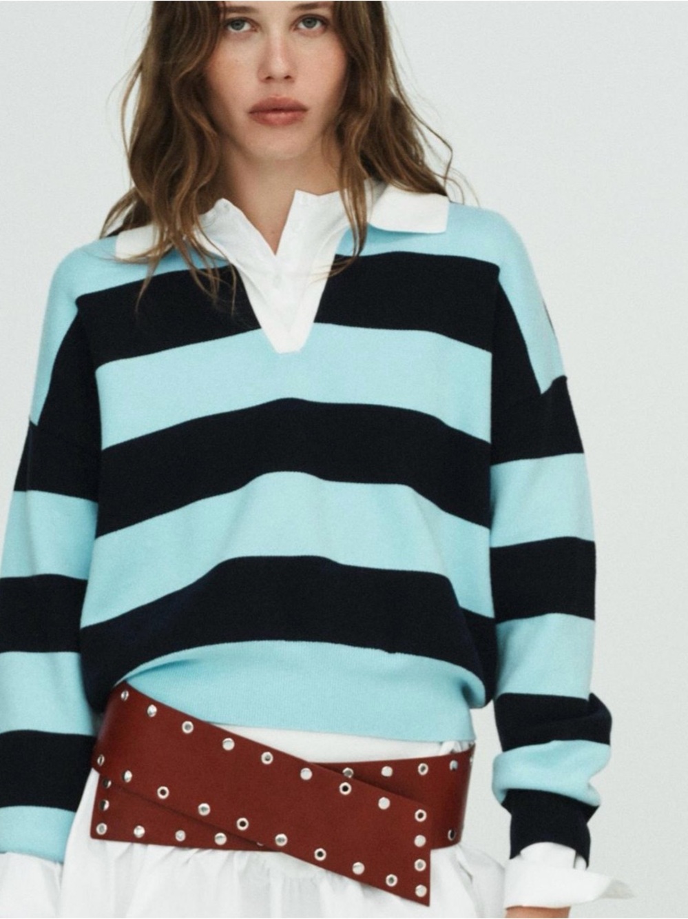 Zara | Striped Knit Polo - Light Blue & Navy | NWOT